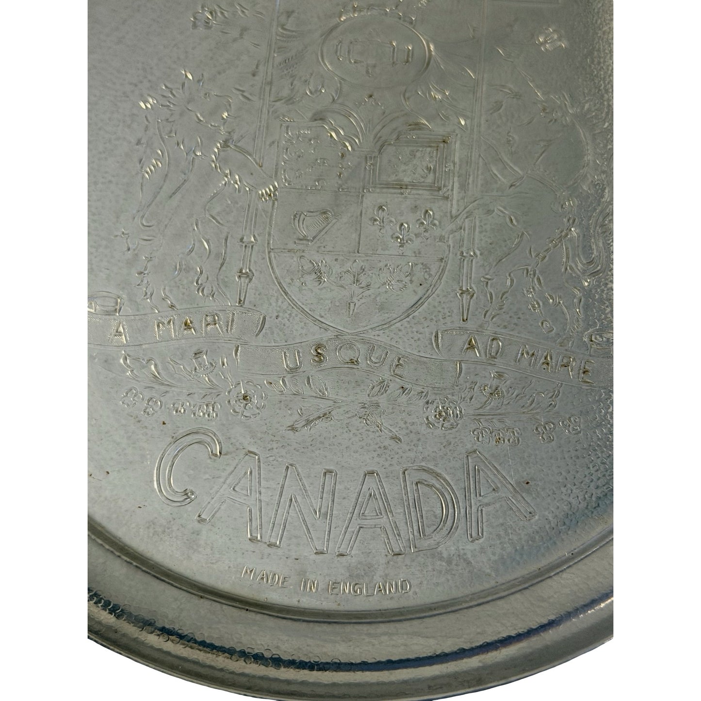 Vintage Canada Souvenir Silver Tone Tray A Mari Usque Ad Mare Coat of Arms Made in England