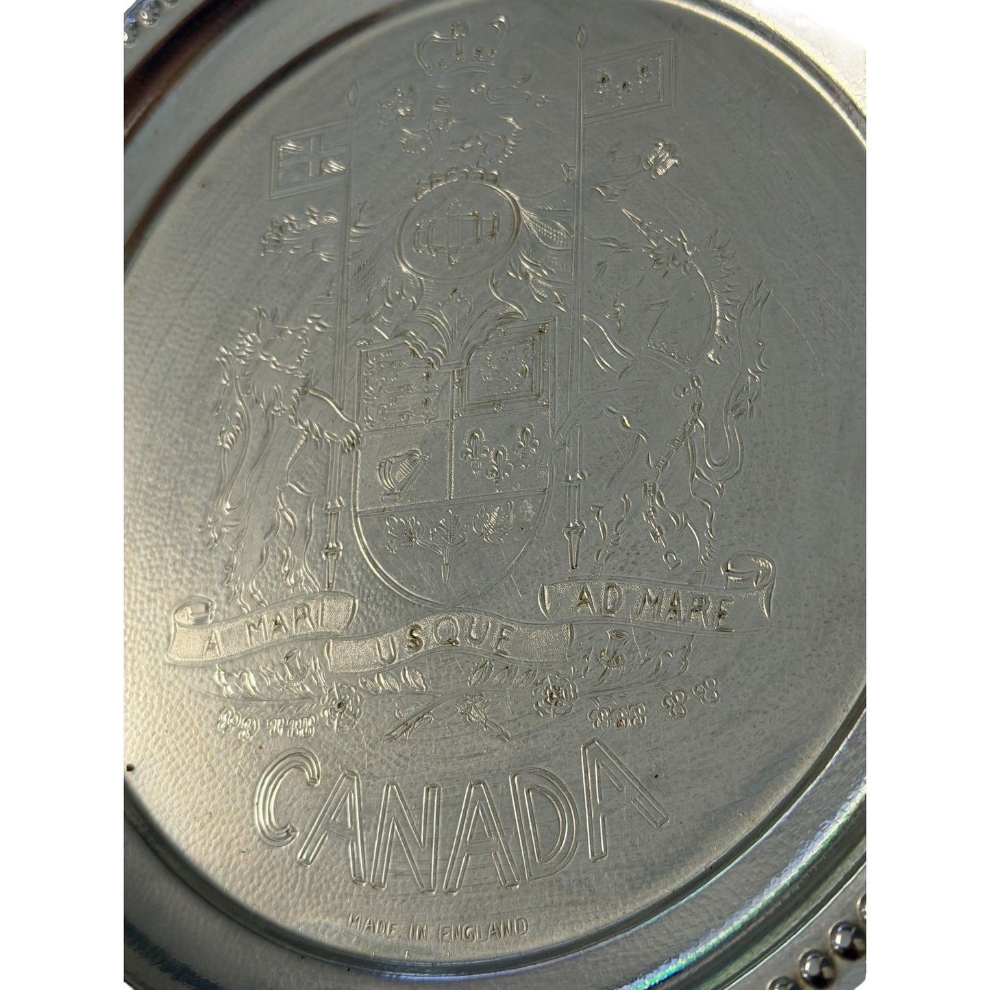Vintage Canada Souvenir Silver Tone Tray A Mari Usque Ad Mare Coat of Arms Made in England