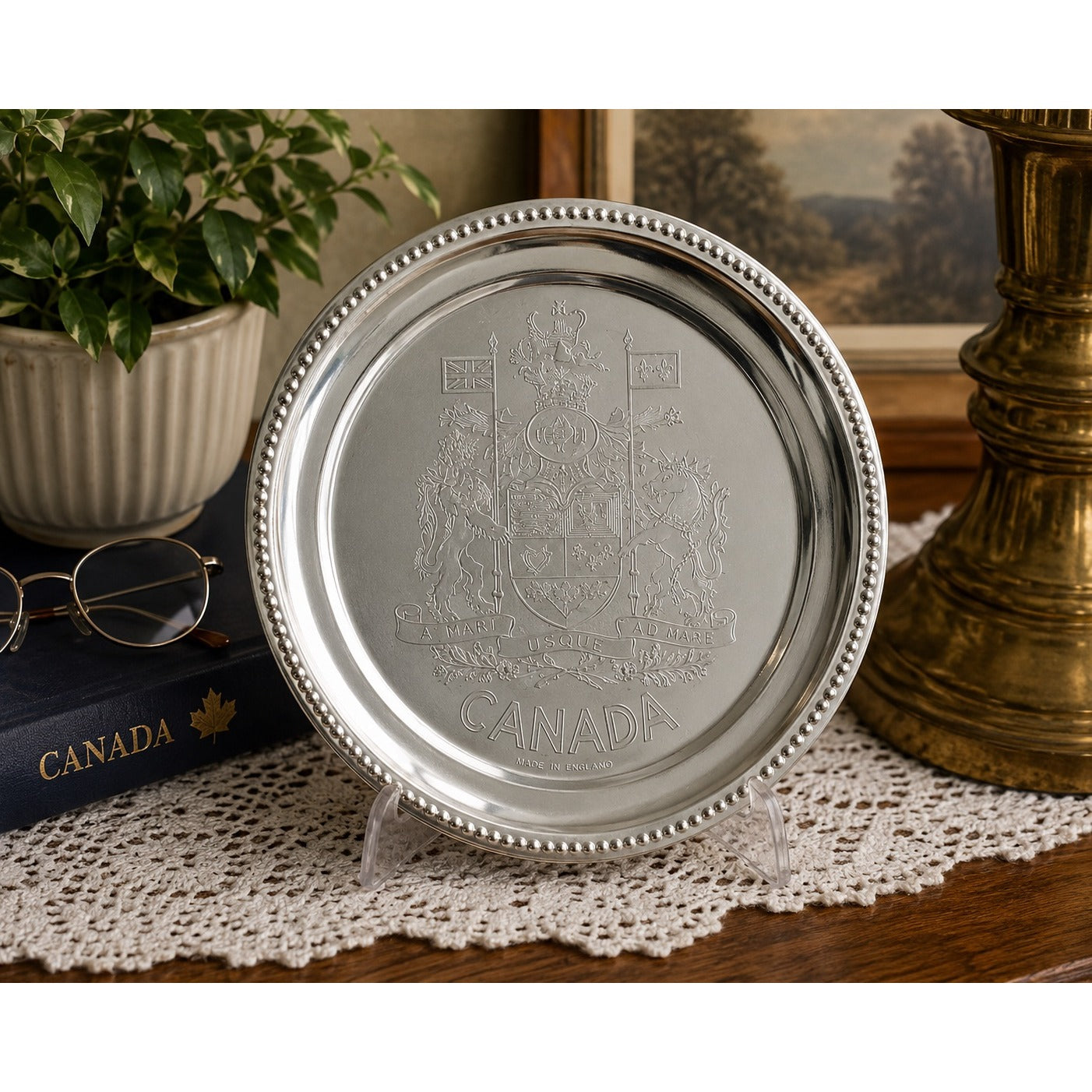 Vintage Canada Souvenir Silver Tone Tray A Mari Usque Ad Mare Coat of Arms Made in England