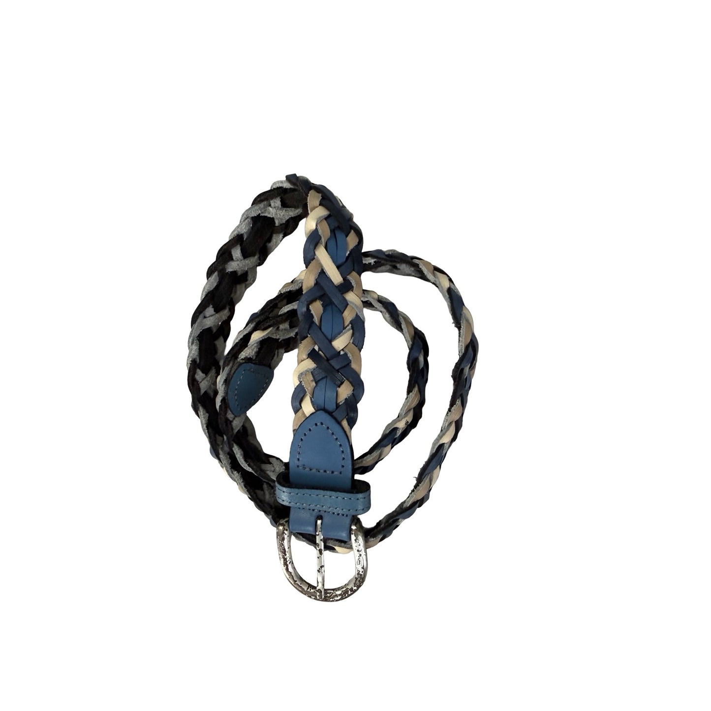 Vintage Argentina Genuine Leather Braided Belt Size M/L Blue Black Cream 38"