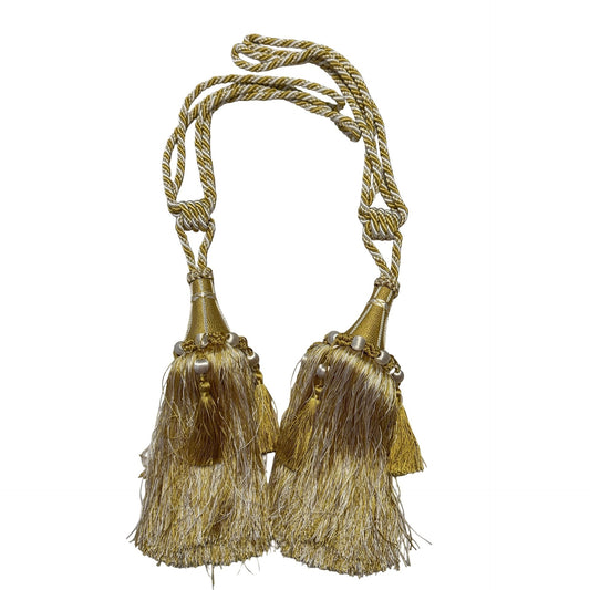 Vintage Gold Ivory Tassel Curtain Tiebacks Pair 27 Inch Ornate Drapery Decor