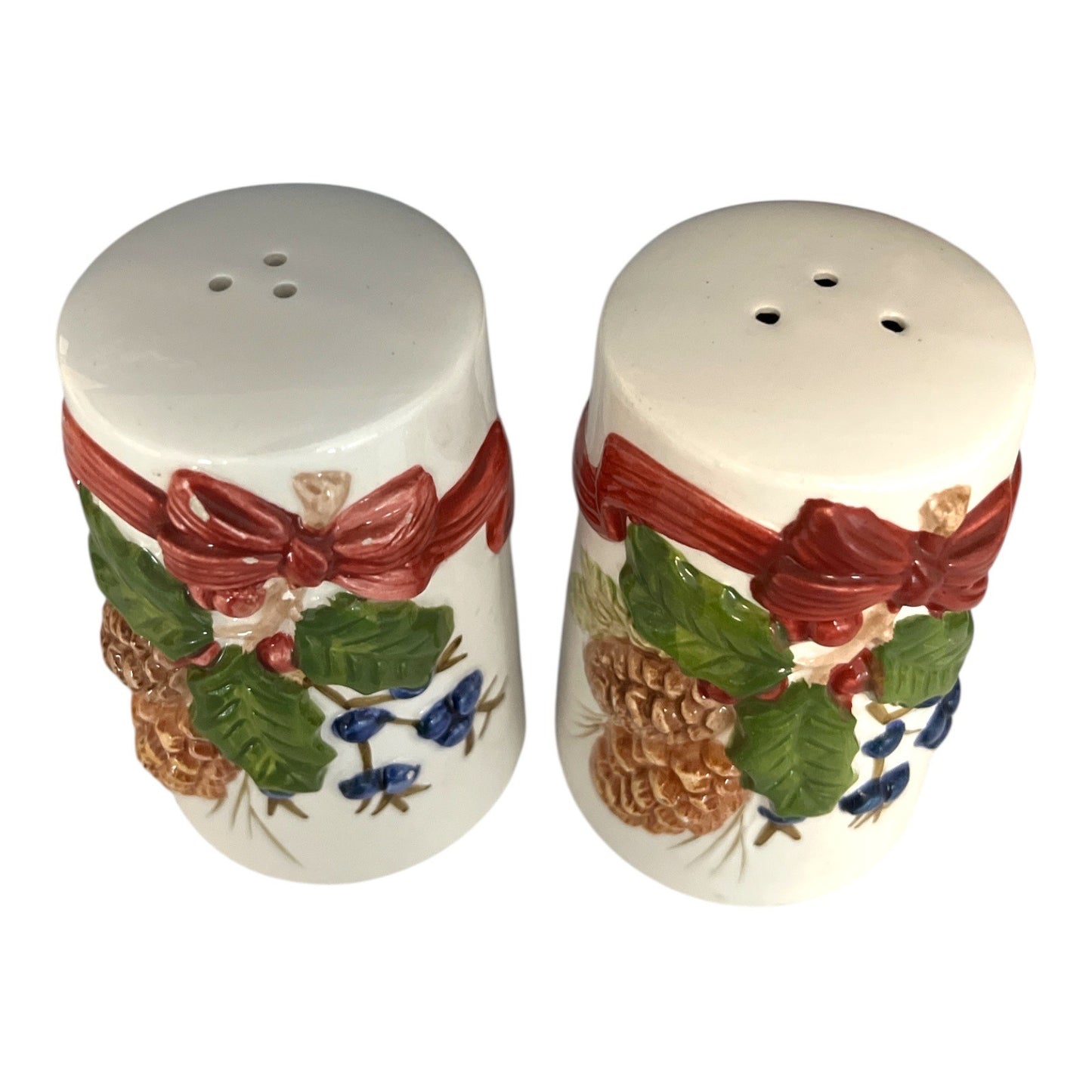 Vintage Otagiri Christmas Salt & Pepper Shakers Pinecones Holly Ribbon Holiday Set Taiwan
