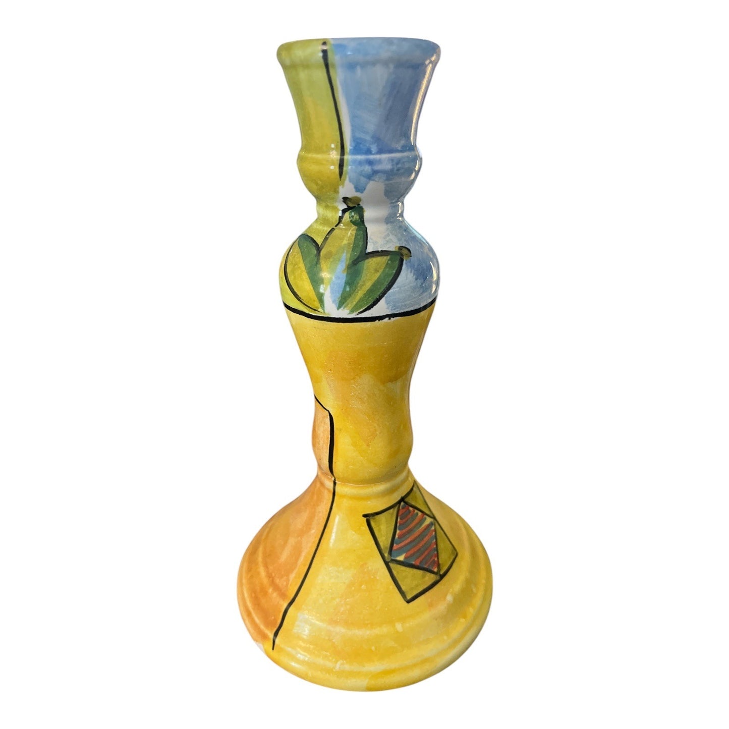Italian Hand Painted Ceramic Candle Holder 8.5 Inch Colorful Art Pottery Candlestick