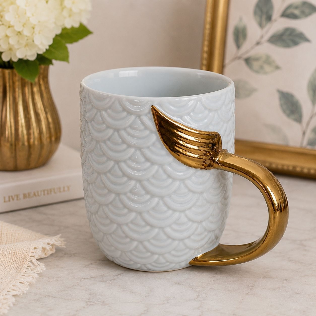 Vintage Pale Blue Scallop Texture Mug Gold Wing Handle Ceramic Coffee Cup