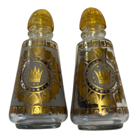 Vintage Gold Crown Salt and Pepper Shakers Mid Century Glass Hollywood Regency Bar Decor