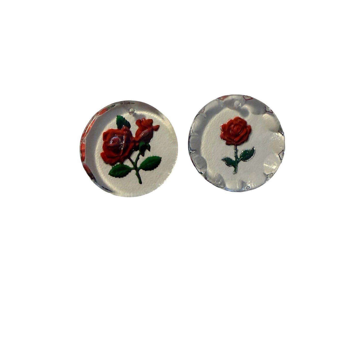Vintage Lucite Rose Cabochon Charms Pair Red Flower Clear Acrylic Craft Findings