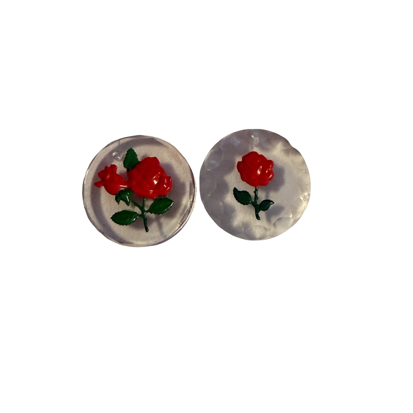 Vintage Lucite Rose Cabochon Charms Pair Red Flower Clear Acrylic Craft Findings