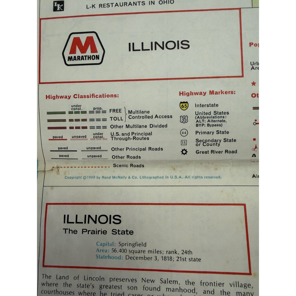 1968 Marathon Illinois Road Map Rand McNally Vintage Gas Station Advertising