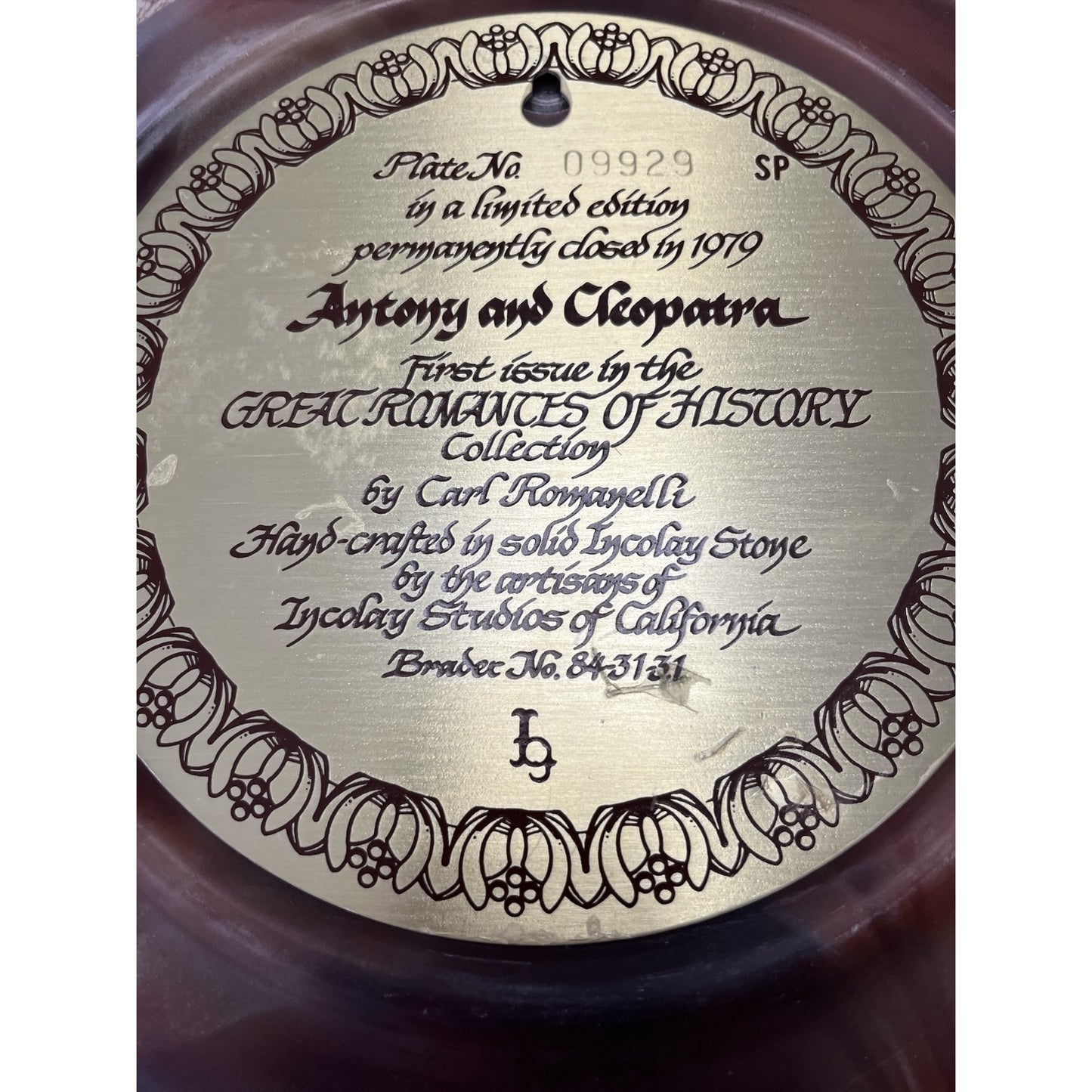 Incolay Studios 1979 “Antony and Cleopatra” Plate – Carl Romanelli – 10” Great Romances of History, Handcrafted Stone