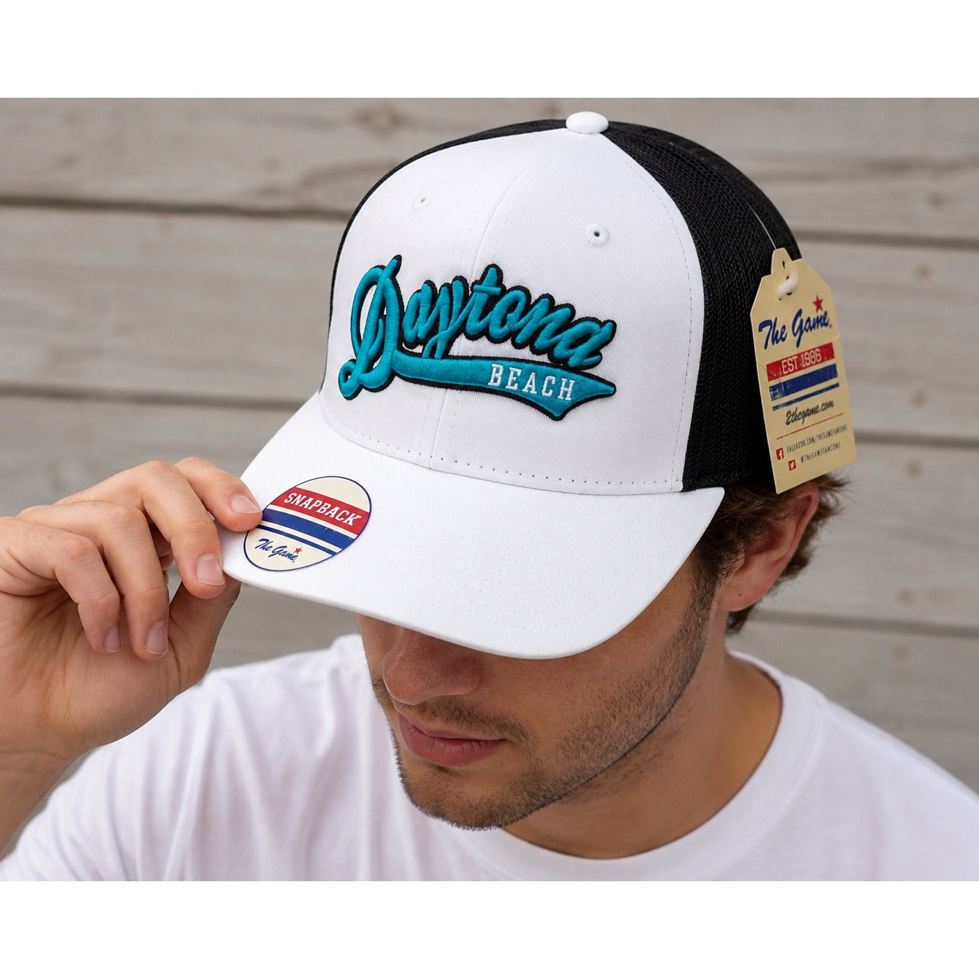 NWT Daytona Beach The Game Snapback Trucker Hat White Black Mesh Adjustable Cap