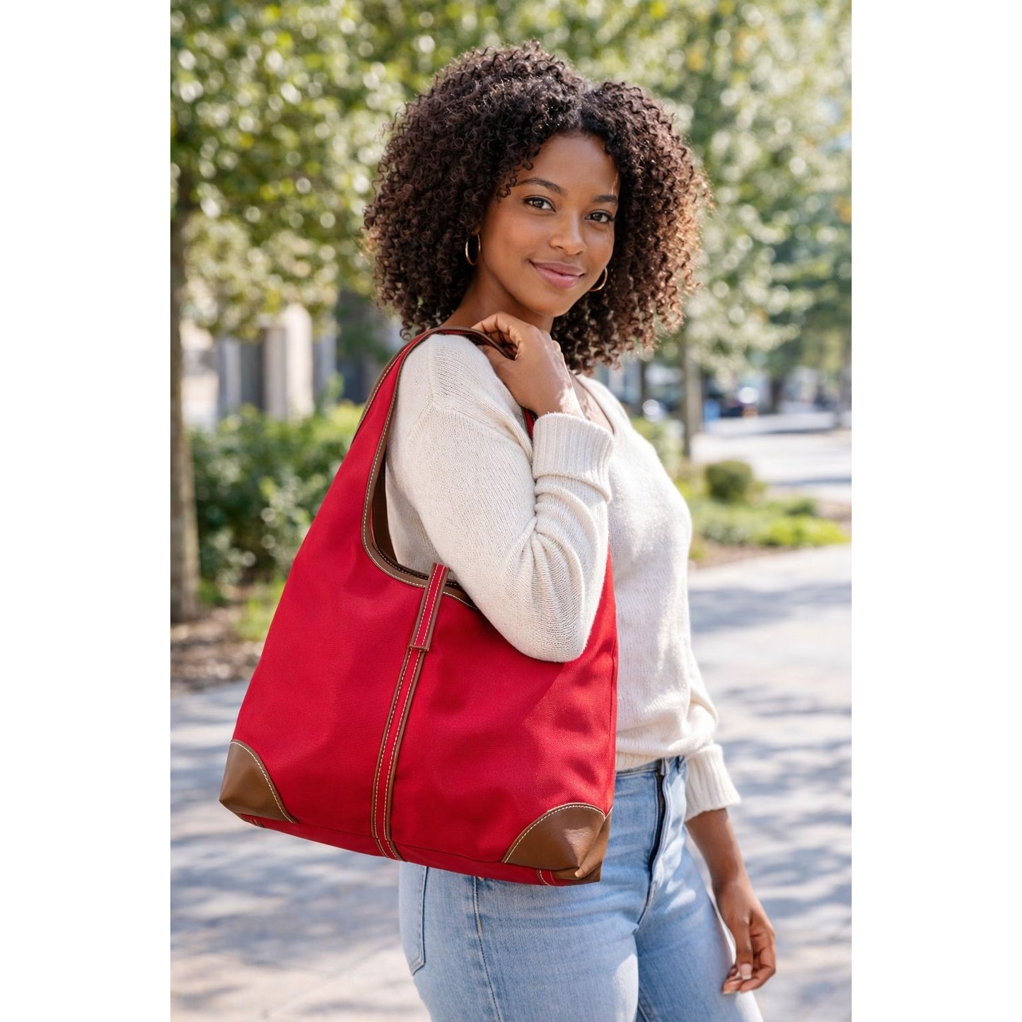 Spiegel Red Nylon Hobo Shoulder Bag Brown Trim Lightweight Casual Tote