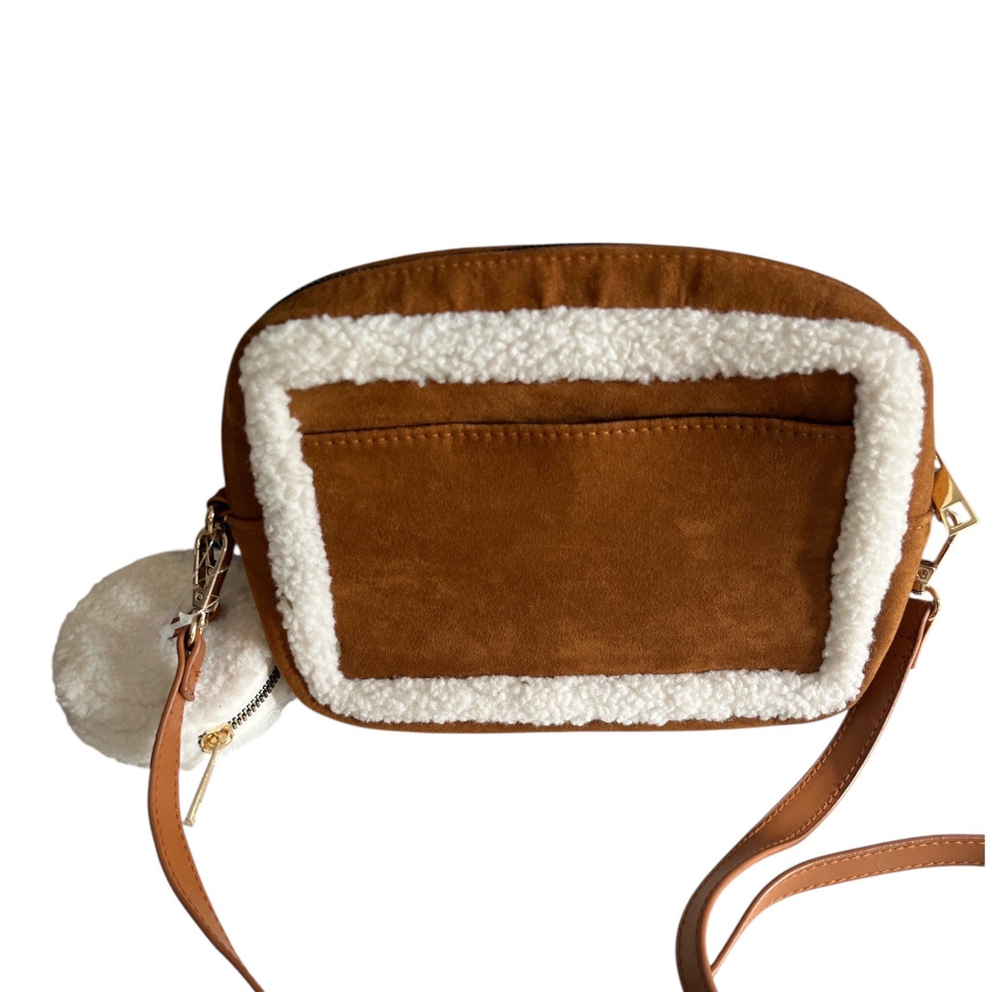 Bearpaw Faux Suede Sherpa Crossbody Bag Wristlet Coin Pouch Set Brown Cream