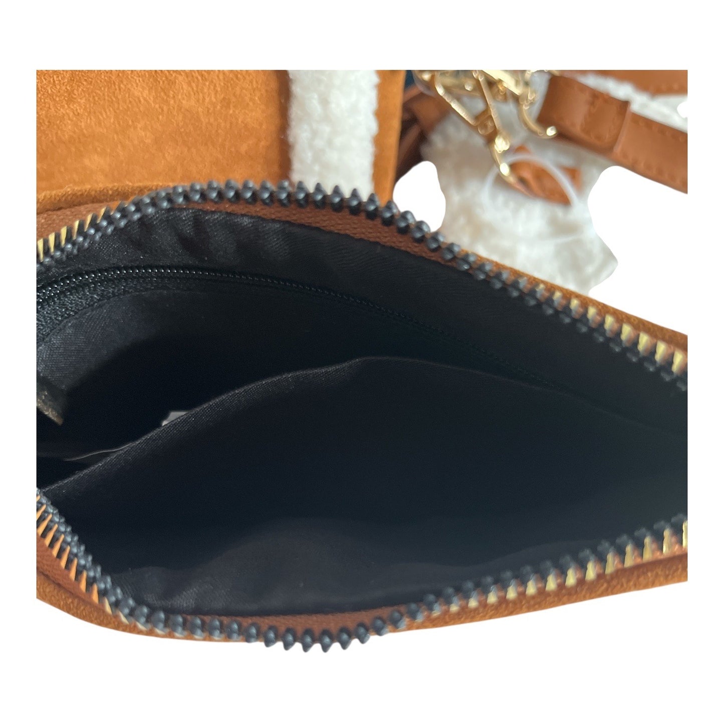 Bearpaw Faux Suede Sherpa Crossbody Bag Wristlet Coin Pouch Set Brown Cream