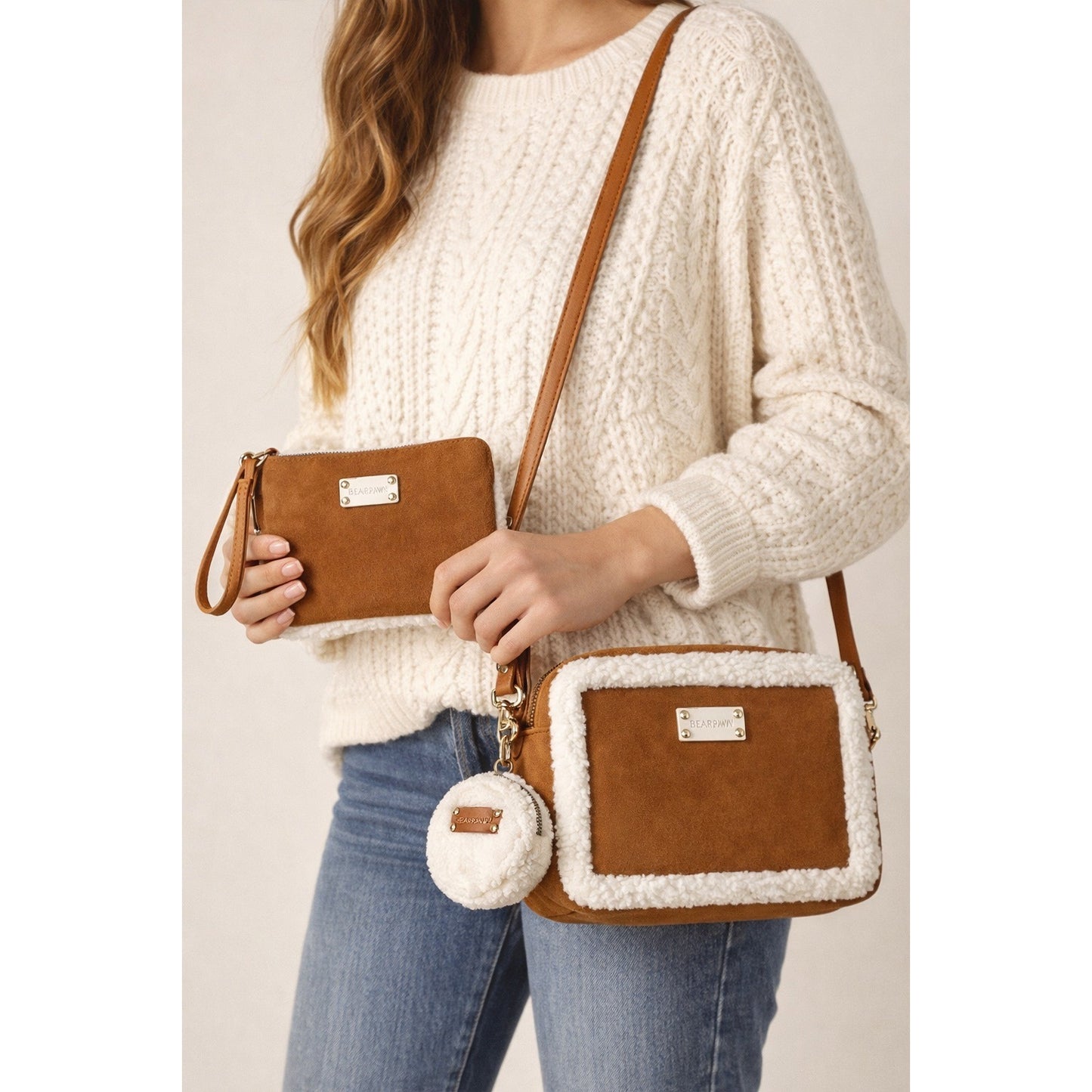 Bearpaw Faux Suede Sherpa Crossbody Bag Wristlet Coin Pouch Set Brown Cream