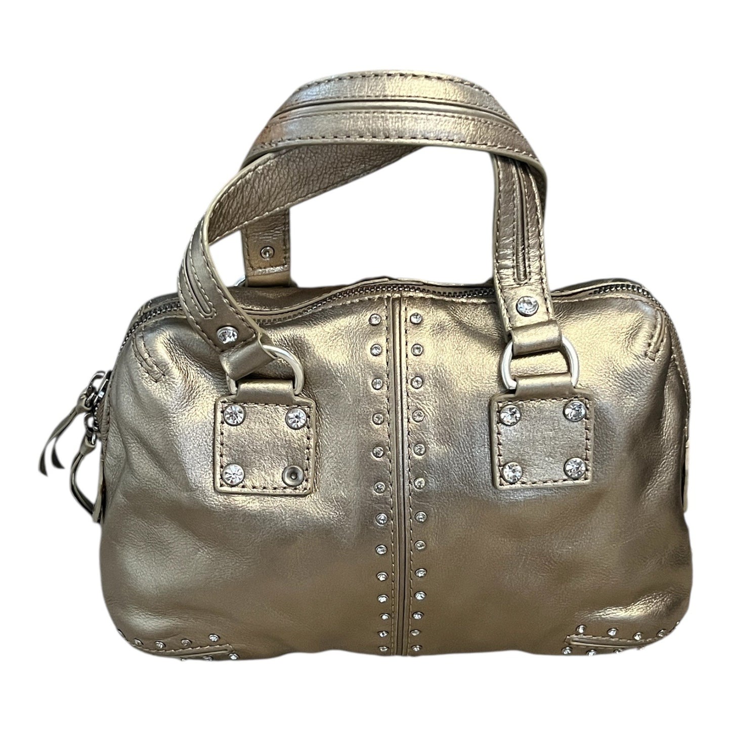 Michael Kors Gold Leather Satchel – Studded Rivet Detail – 8 x 12 x 3 in – 4” Drop