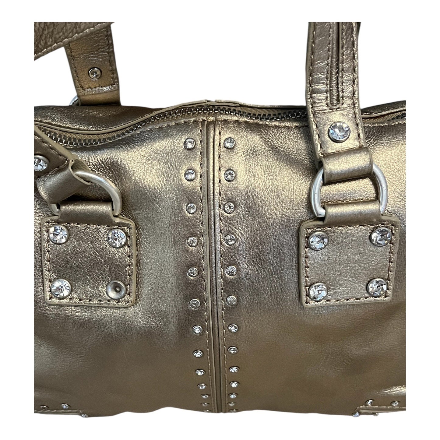 Michael Kors Gold Leather Satchel – Studded Rivet Detail – 8 x 12 x 3 in – 4” Drop