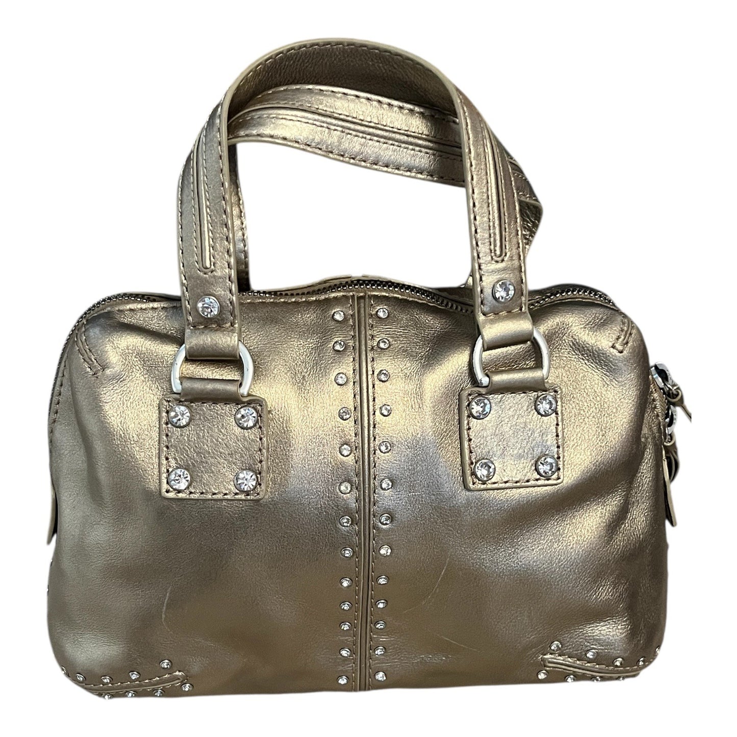 Michael Kors Gold Leather Satchel – Studded Rivet Detail – 8 x 12 x 3 in – 4” Drop