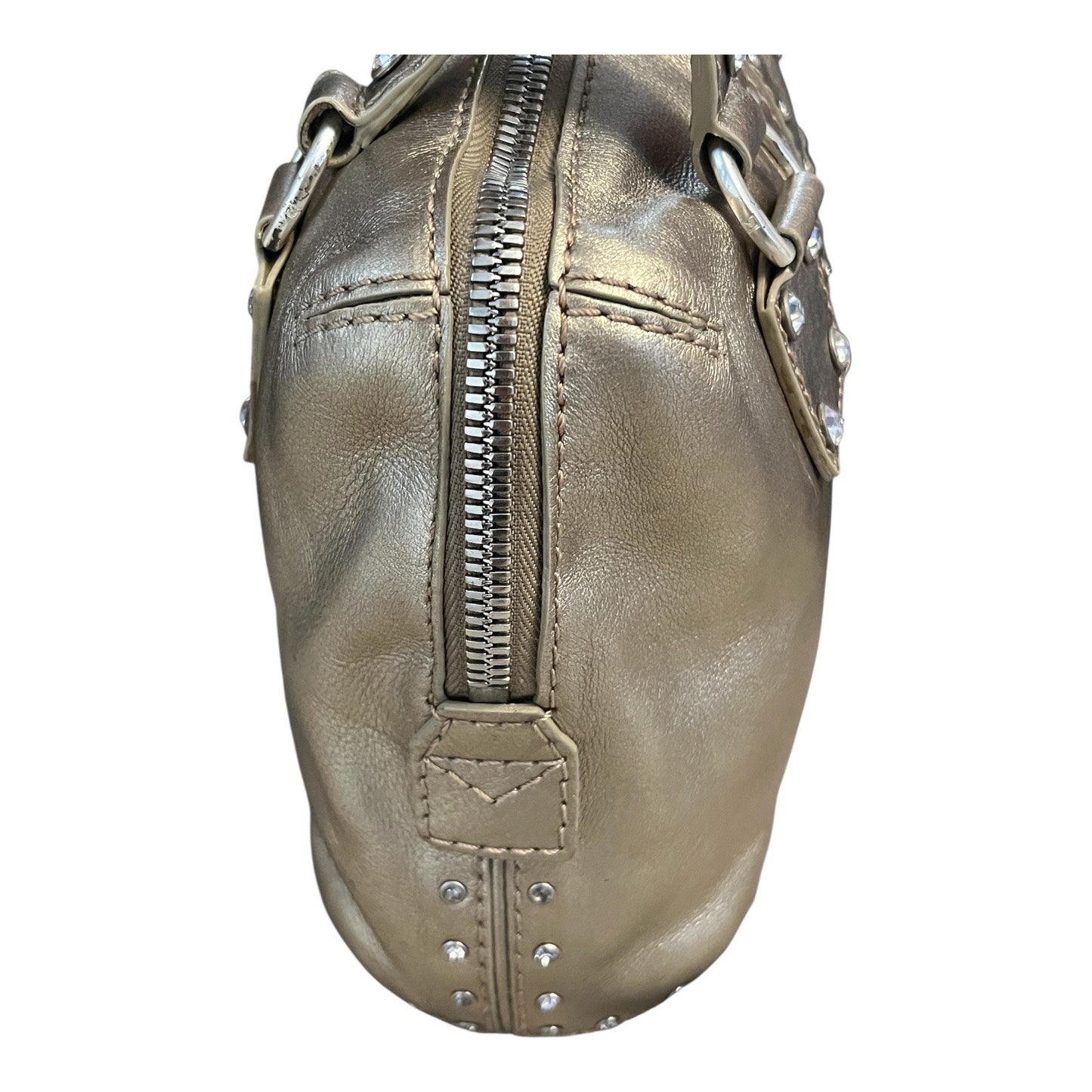 Michael Kors Gold Leather Satchel – Studded Rivet Detail – 8 x 12 x 3 in – 4” Drop