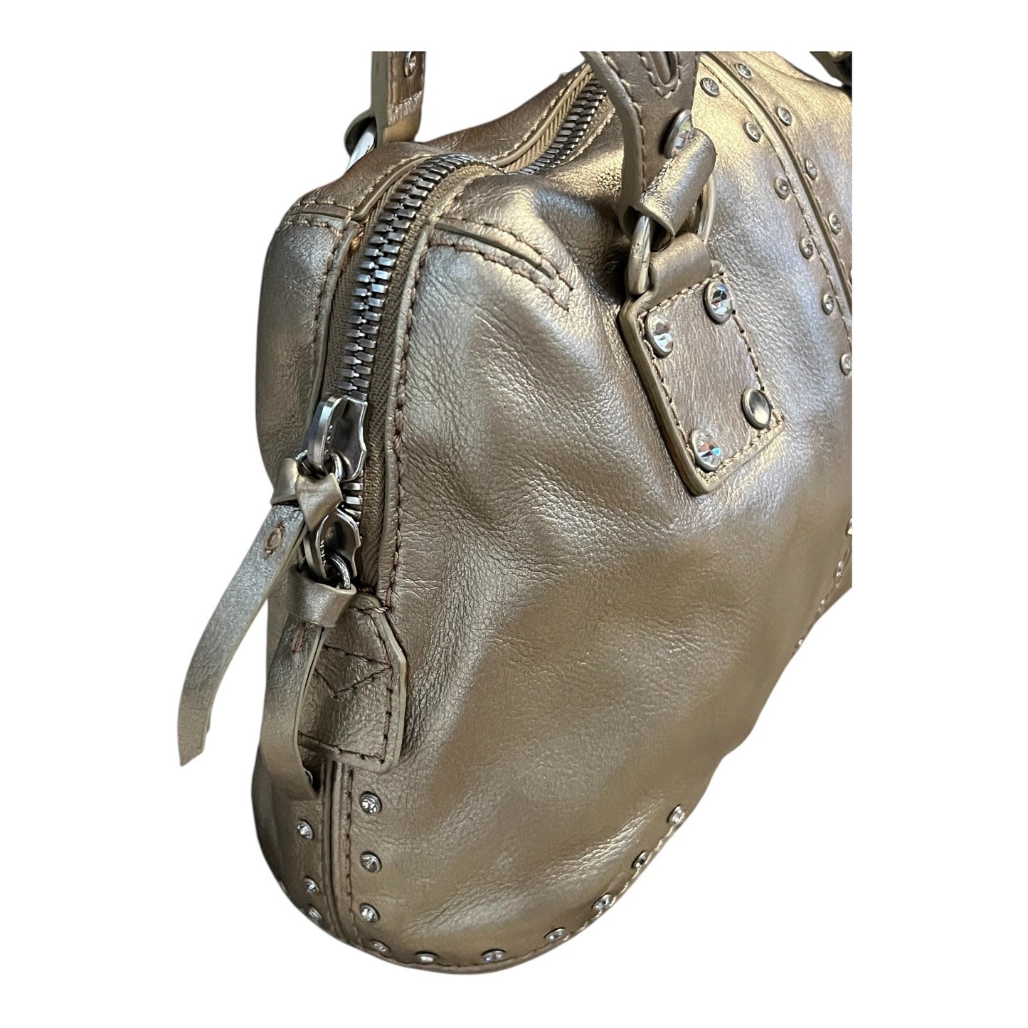 Michael Kors Gold Leather Satchel – Studded Rivet Detail – 8 x 12 x 3 in – 4” Drop