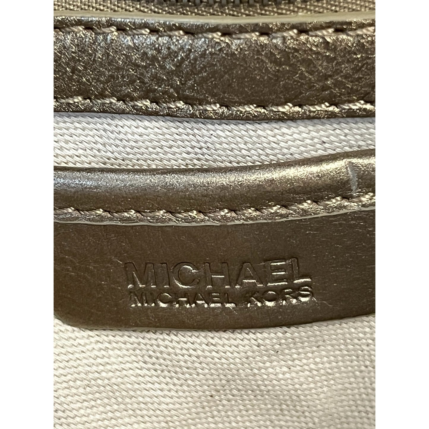 Michael Kors Gold Leather Satchel – Studded Rivet Detail – 8 x 12 x 3 in – 4” Drop