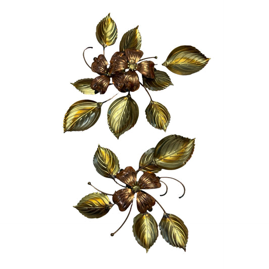 Vintage Metal Floral Wall Art Pair Gold Leaves Copper Flowers MCM Decor