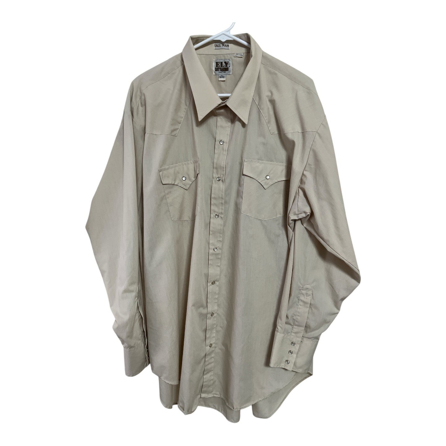 Vintage Ely Cattleman Tall Man Western Shirt Beige Pearl Snap 29x36