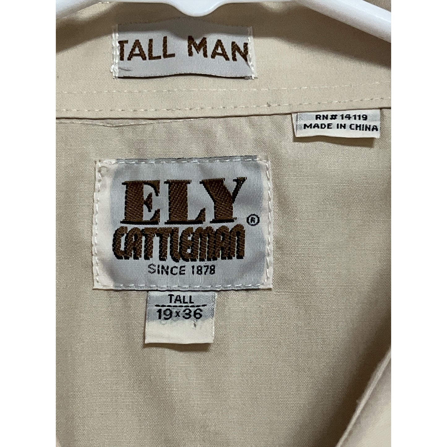 Vintage Ely Cattleman Tall Man Western Shirt Beige Pearl Snap 29x36