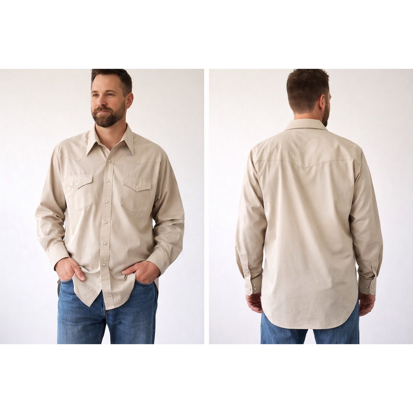 Vintage Ely Cattleman Tall Man Western Shirt Beige Pearl Snap 29x36