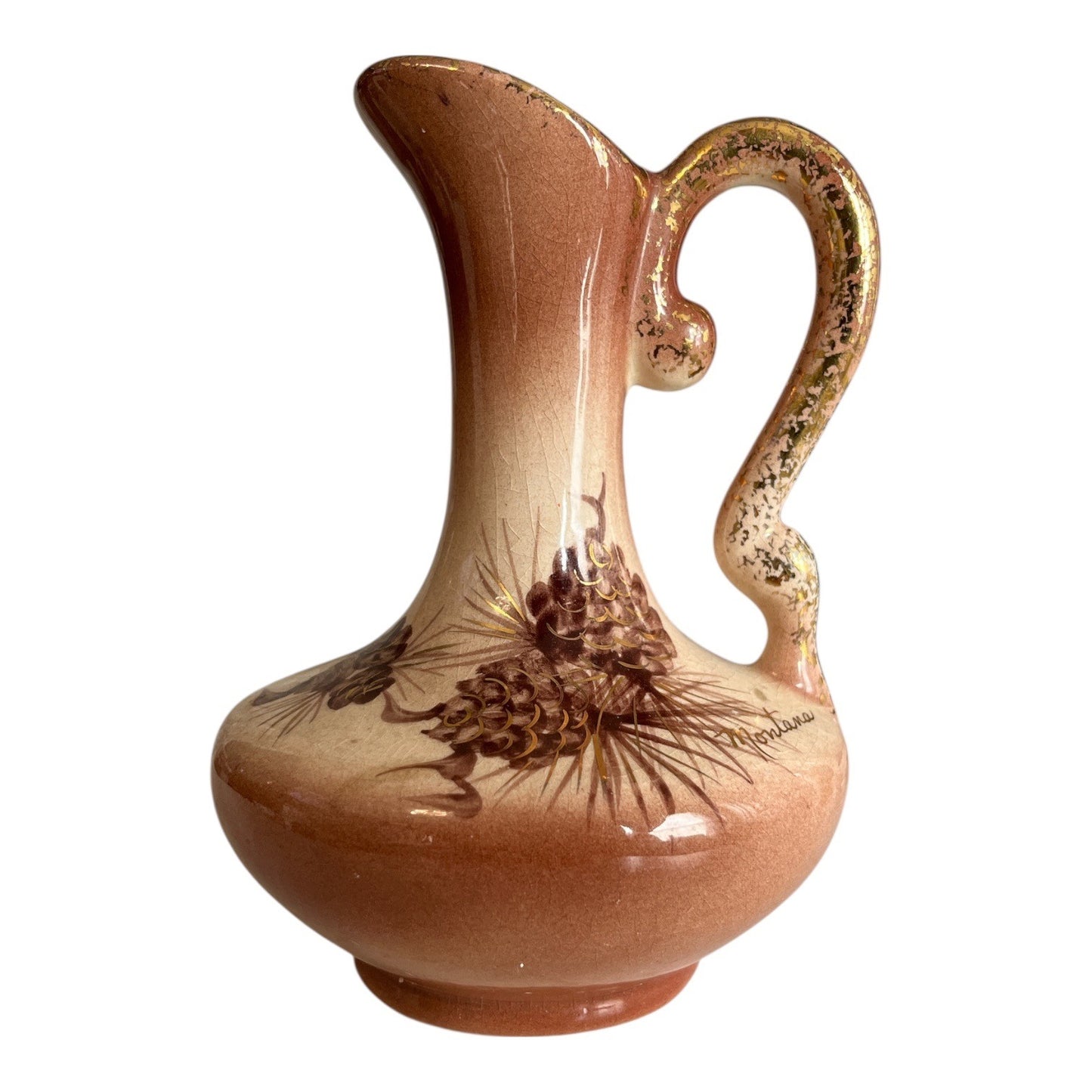 Vintage Rymes USA Ceramic Pitcher Vase Montana Pinecone Hand Painted