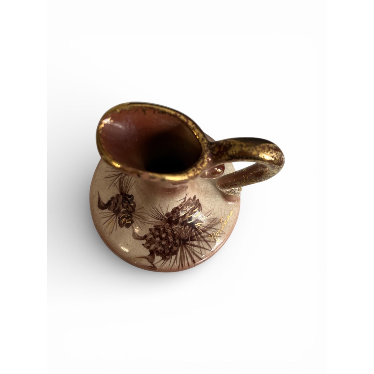 Vintage Rymes USA Ceramic Pitcher Vase Montana Pinecone Hand Painted