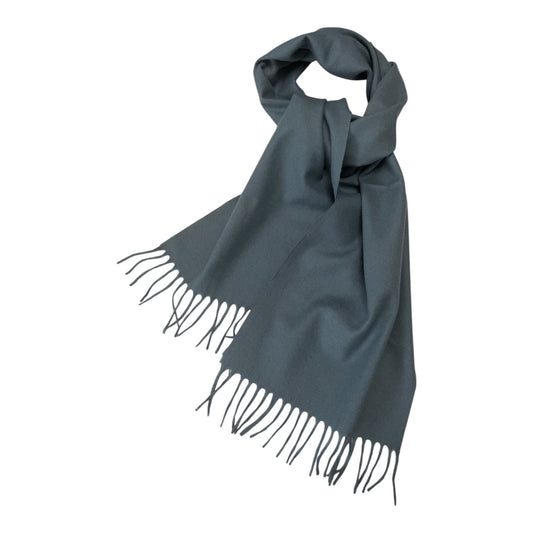 Vtg Amicale Superfine Wool Scarf – 100% Merino, Blue-Gray, Fringe Ends, Made in Italy (1990s–2000s)