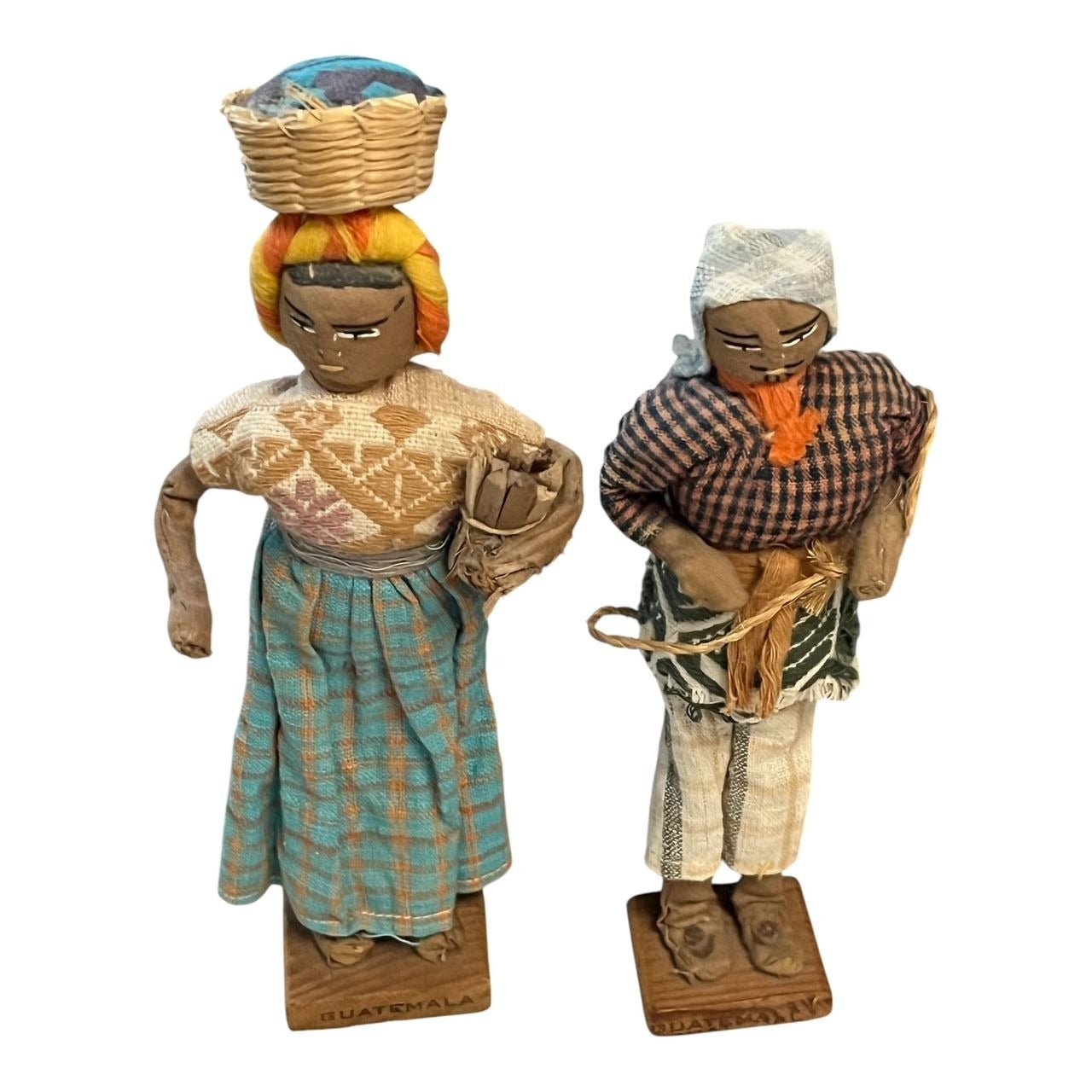 Vintage Handcrafted Guatemala Folk Art Doll Pair – Man & Woman – Woven Textiles, Wood Bases