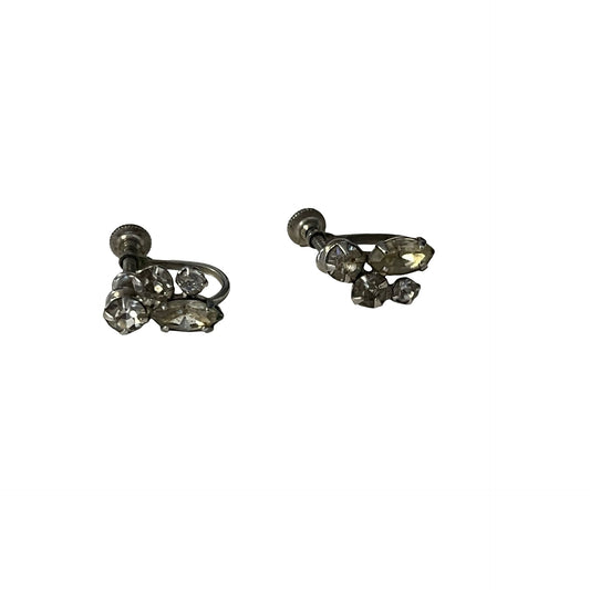 Vintage Rhinestone Screw Back Earrings Silver Tone Cluster Statement Mid Century