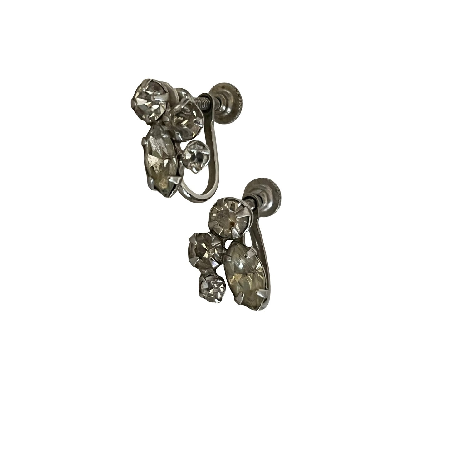 Vintage Rhinestone Screw Back Earrings Silver Tone Cluster Statement Mid Century