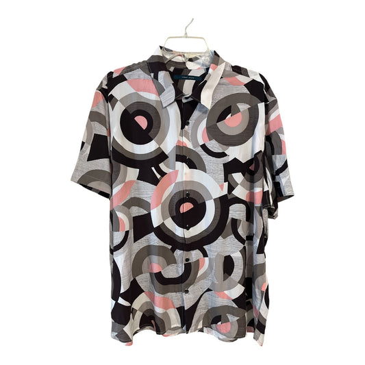 Perry Ellis Men’s XXLT Geometric Print Short-Sleeve Shirt – 100% Lyocell – Retro Circles, Black Gray Pink