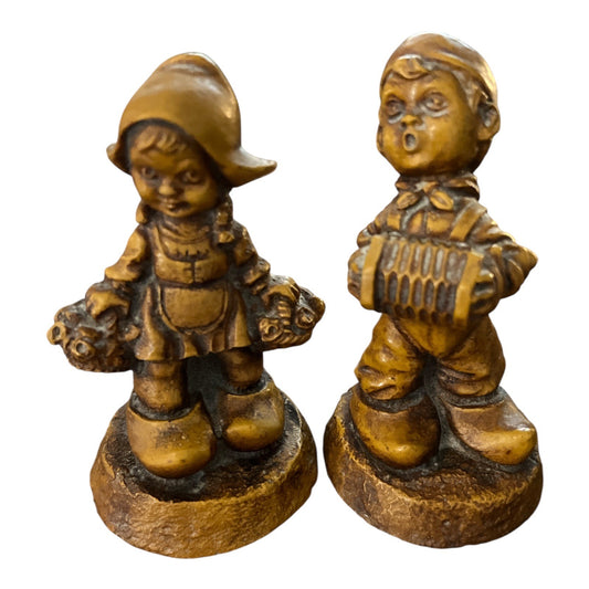 Vintage Dutch Boy & Girl Figurines Faux Wood Resin Folk Art Accordion Flower Pair 4"