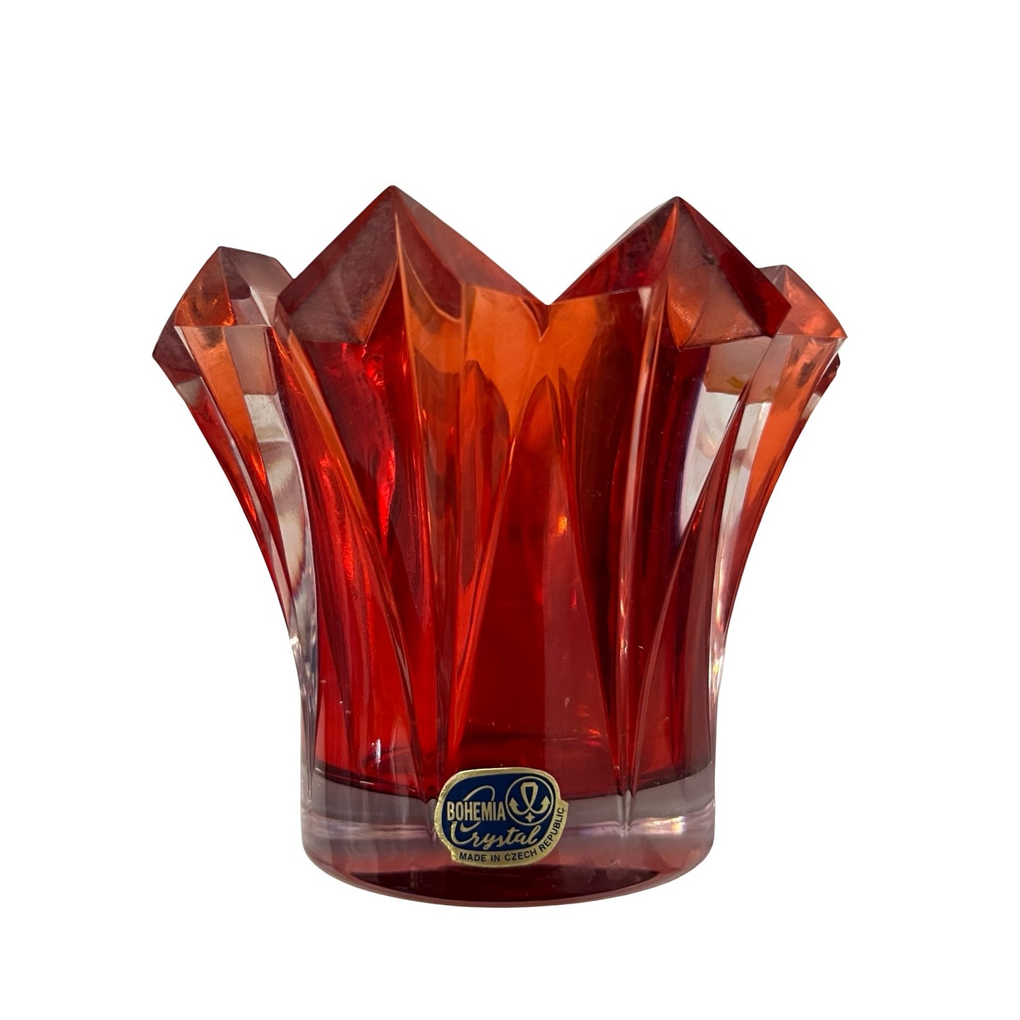 Vintage Bohemia Crystal Red Flash Glass Vase Czech Republic Faceted 4x4