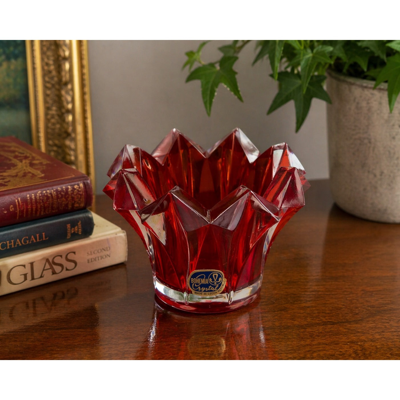 Vintage Bohemia Crystal Red Flash Glass Vase Czech Republic Faceted 4x4
