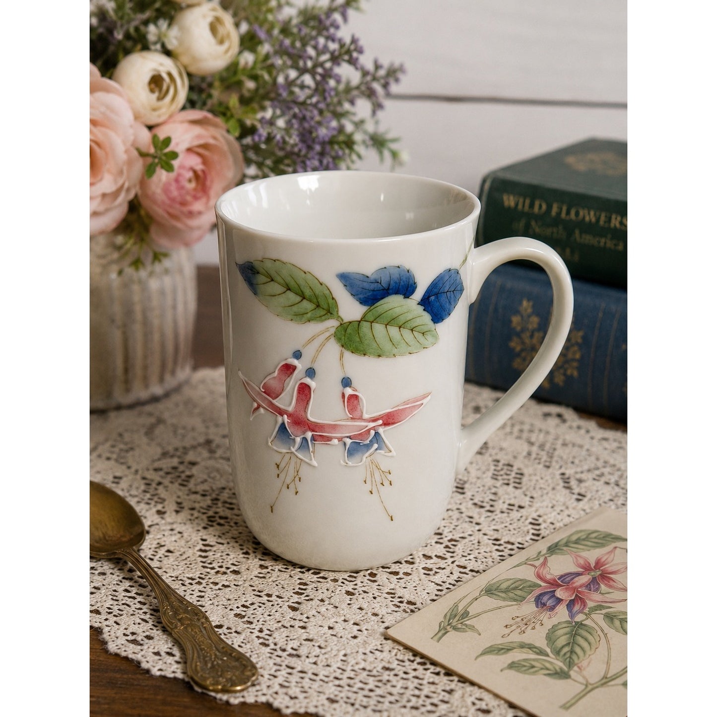 Vintage Otagiri Japan Fuchsia Flower Mug Raised Floral Ceramic 1970s 1980s