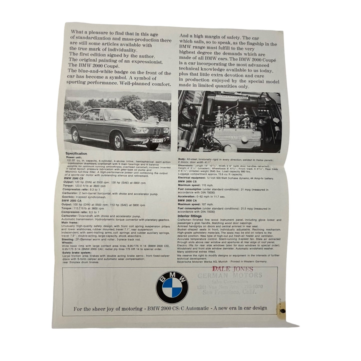Vintage BMW 2000 CS C Automatic Dealer Sales Brochure Flyer German Coupe Advertisement