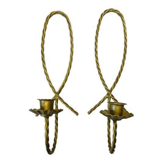 Vintage Brass Bow Wall Sconces – Twisted Metal Candle Holders – Set of 2