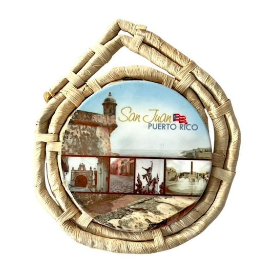 San Juan Puerto Rico Souvenir Wall Hanging Woven Straw Frame with Photo Collage