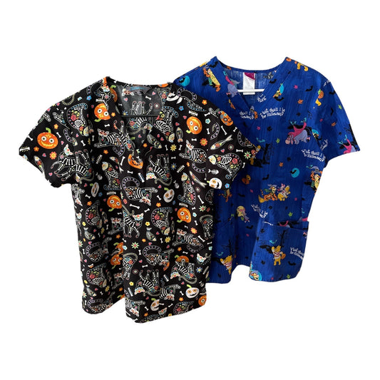 2 Women’s Scrub Tops Size Small Halloween Cat Print & Disney Winnie the Pooh