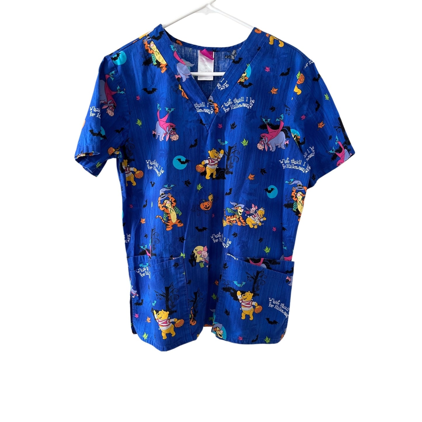 2 Women’s Scrub Tops Size Small Halloween Cat Print & Disney Winnie the Pooh