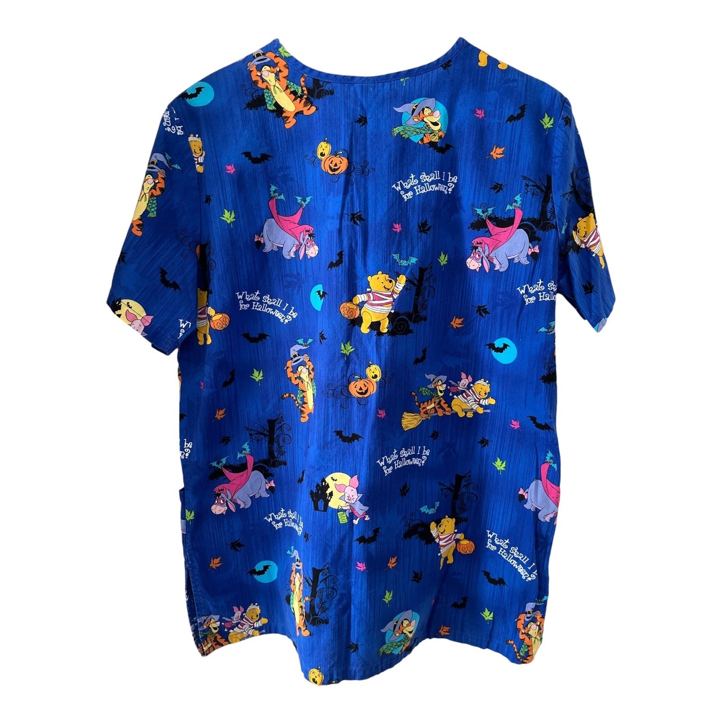 2 Women’s Scrub Tops Size Small Halloween Cat Print & Disney Winnie the Pooh