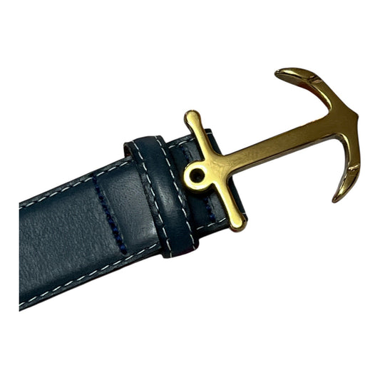 YRI Men’s Anchor Buckle Leather Belt – Navy Blue with Gold-Tone Hardware – Size 36/95 – Made in USA