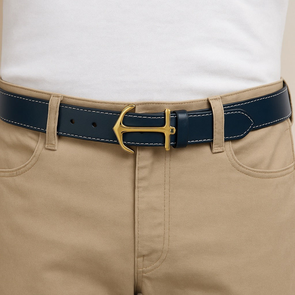 YRI Men’s Anchor Buckle Leather Belt – Navy Blue with Gold-Tone Hardware – Size 36/95 – Made in USA
