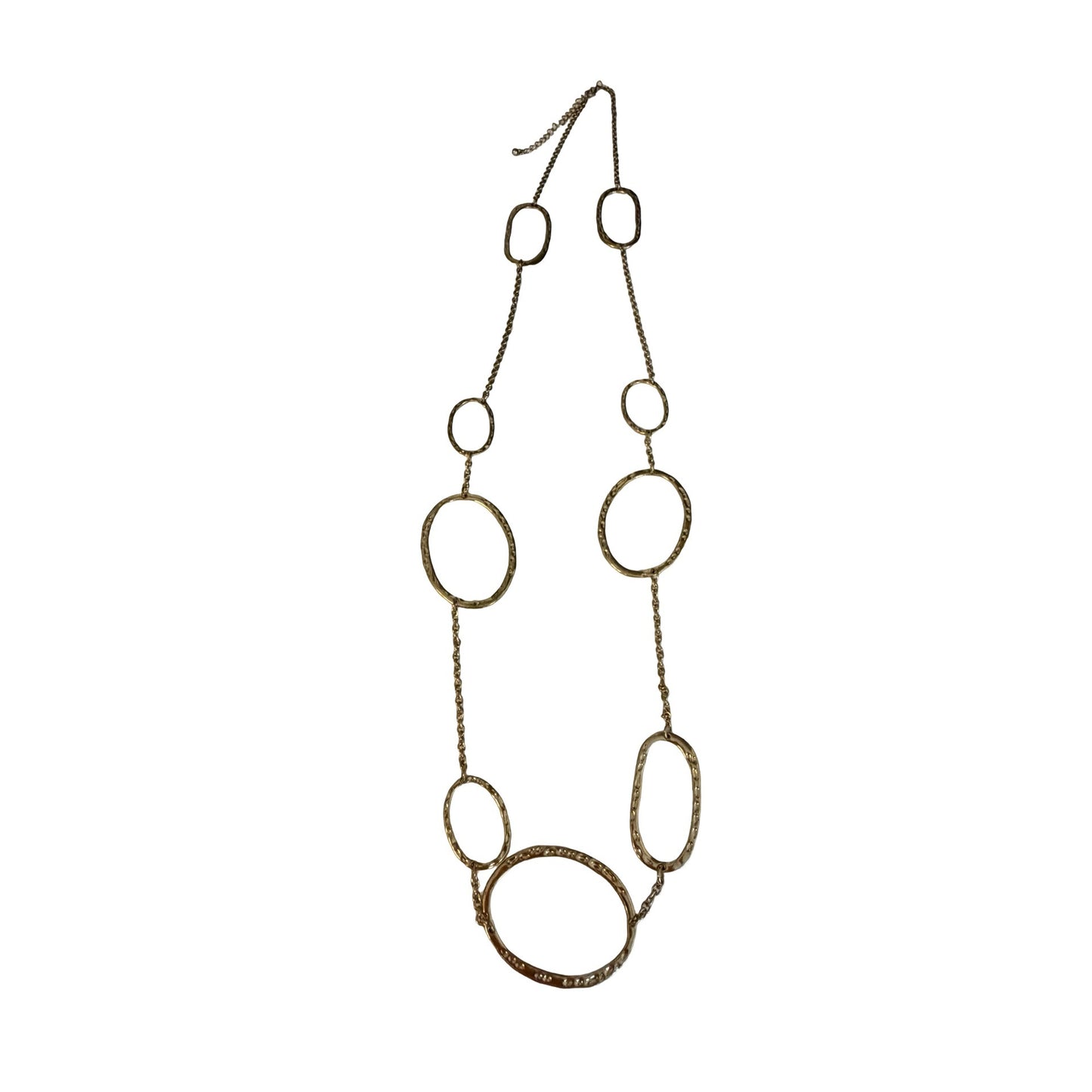 Vintage Hammered Gold Tone Open Oval Link Statement Necklace 34 Inch