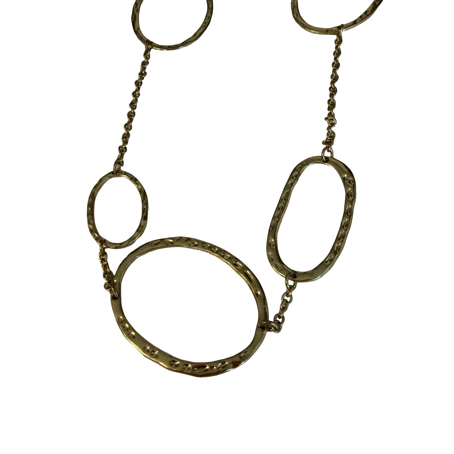 Vintage Hammered Gold Tone Open Oval Link Statement Necklace 34 Inch