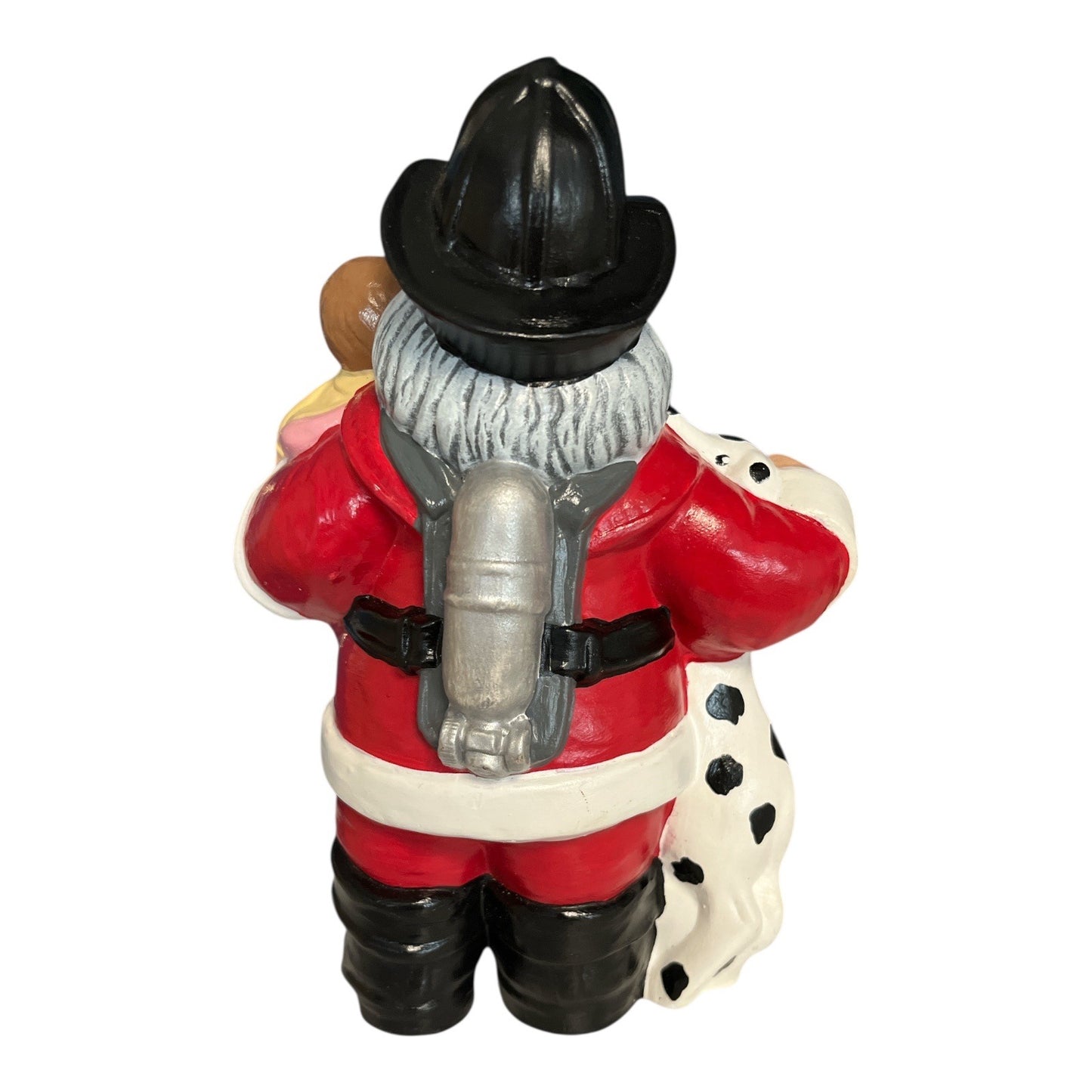 Firefighter Santa Claus Ceramic Figurine Holding Child and Dalmatian 9”